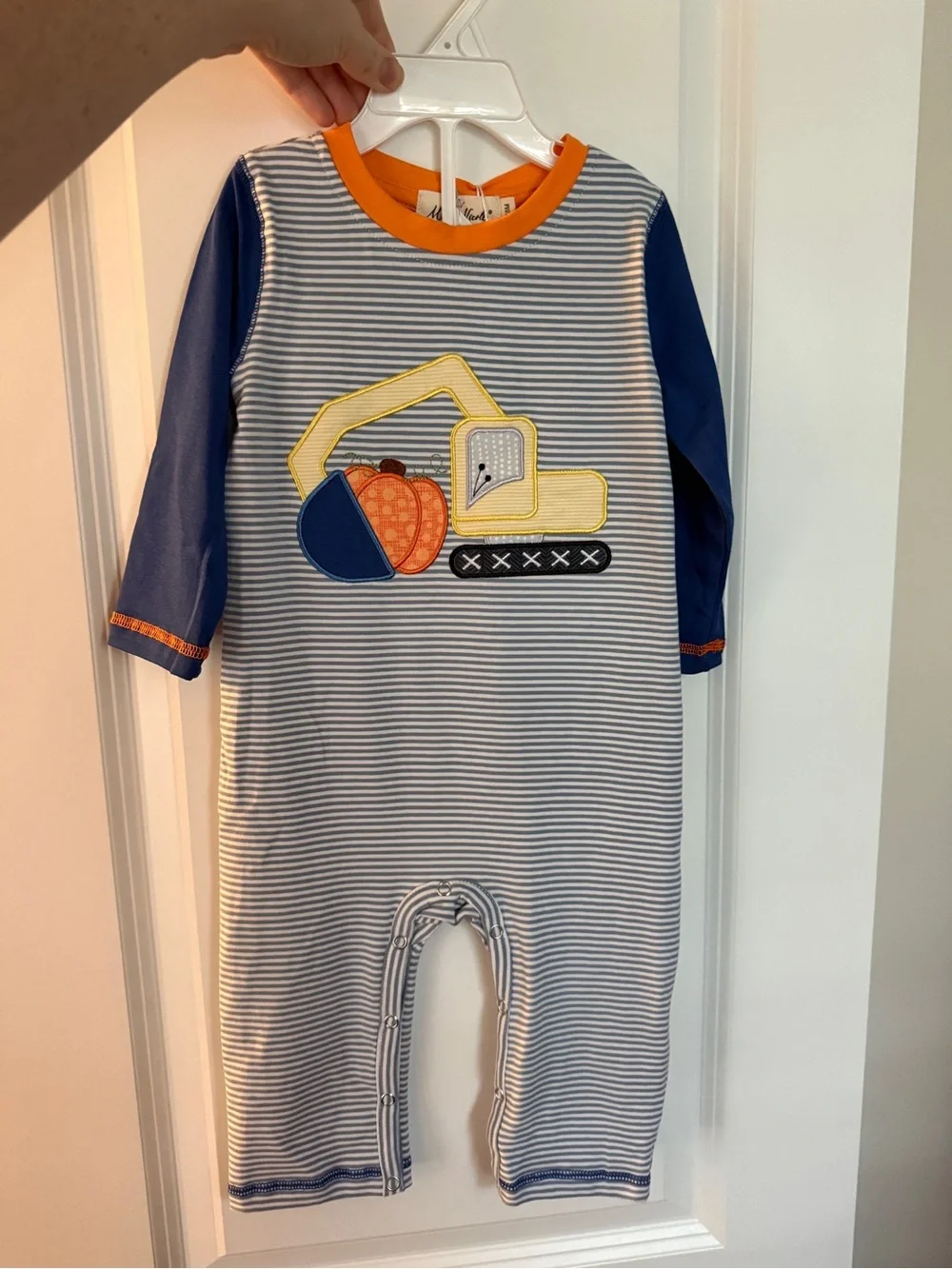 Striped Navy & White Construction Applique Footie with Orange Trim